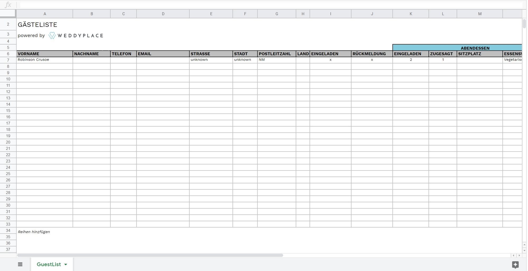 Excel Tabelle für die Planung der Gäste: Vorlage Gästeliste Hochzeit