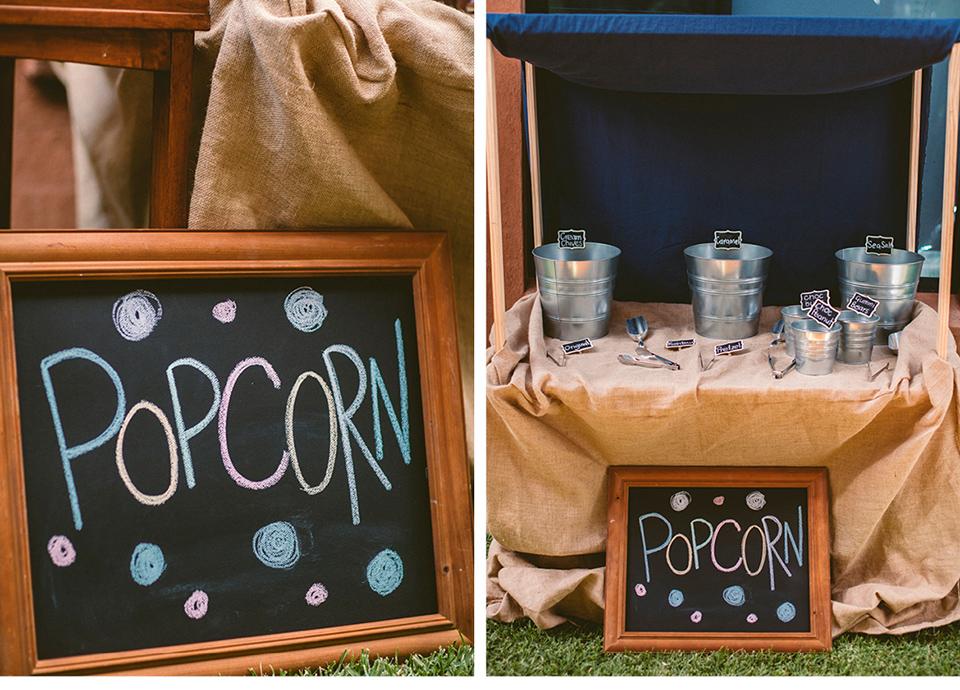 Hochzeitsideen: Candybar Schild mit Popcorn