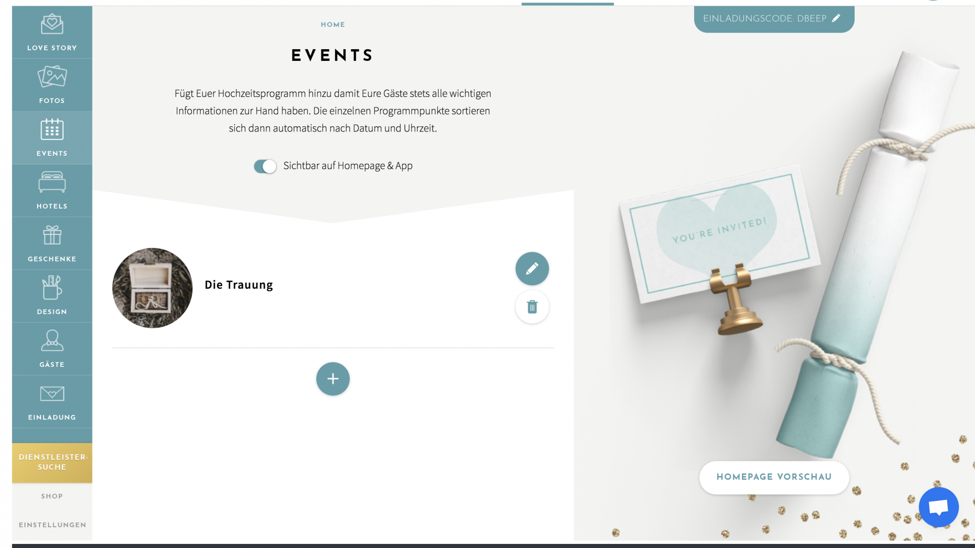 Hier könnt Ihr die Events für Eure Hochzeitswebsite ganz einfach eintragen