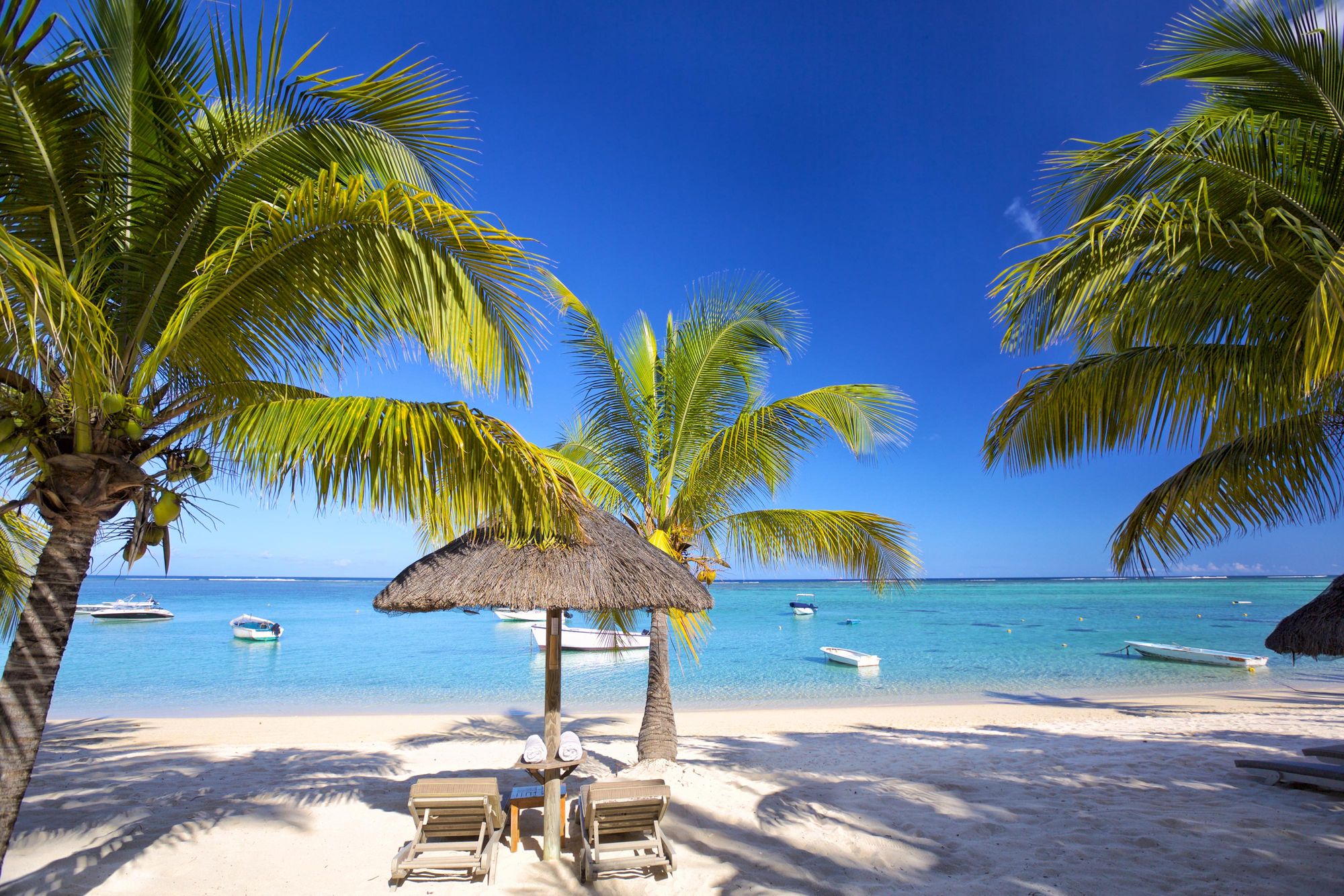 Sonnenliegen an einem Strand auf Mauritius