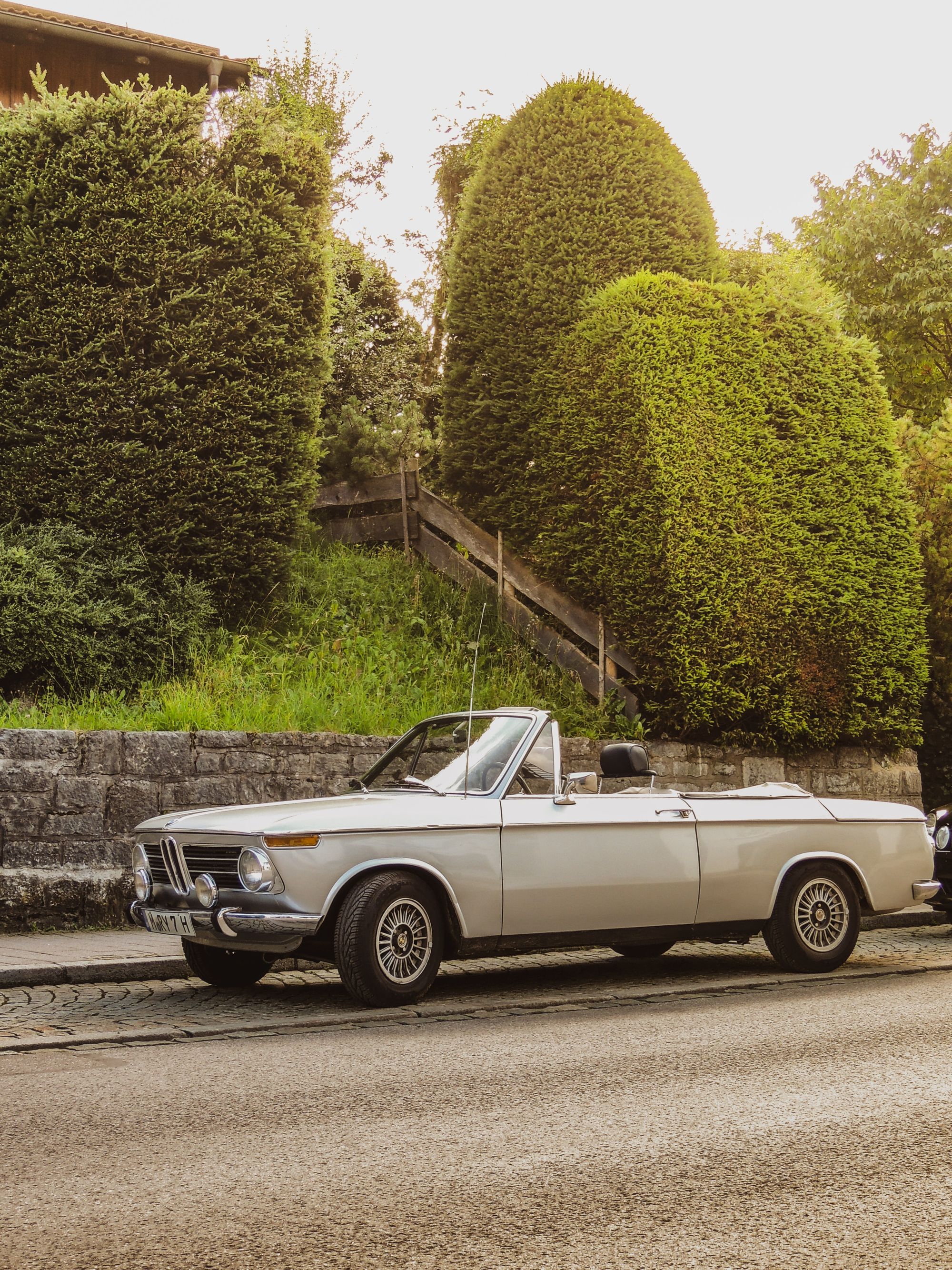geparktes Cabrio vor grüner Hecke