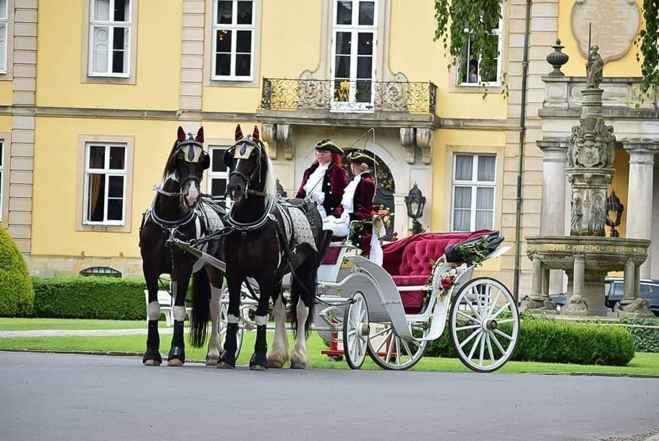 Hochzeitskutsche vor einem Schloss