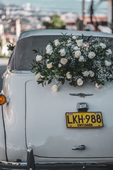 Auf dem Kofferraum eines Autos liegen Blumen