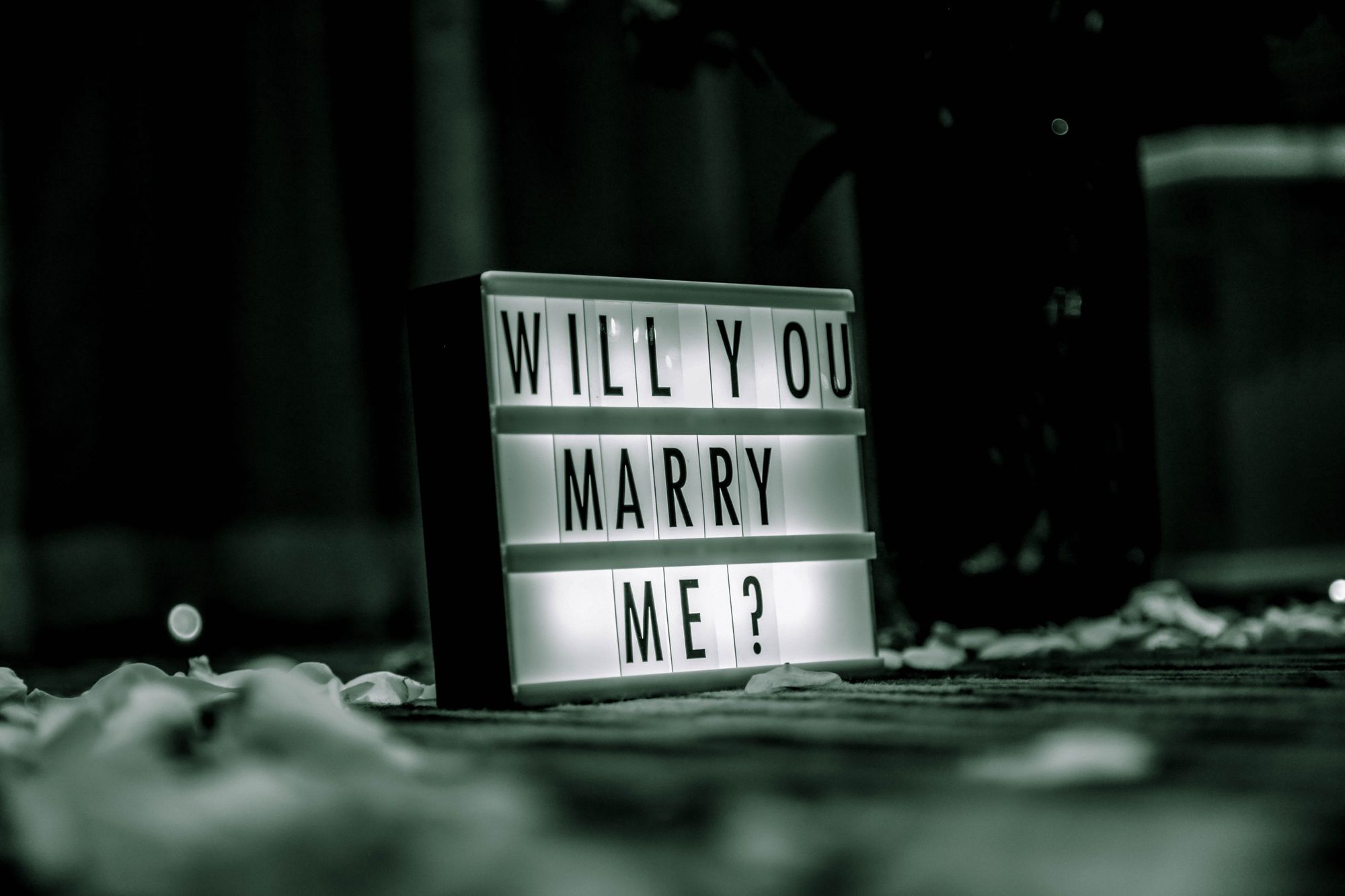 Leuchtschild mit der Aufschrift Will you Marry me