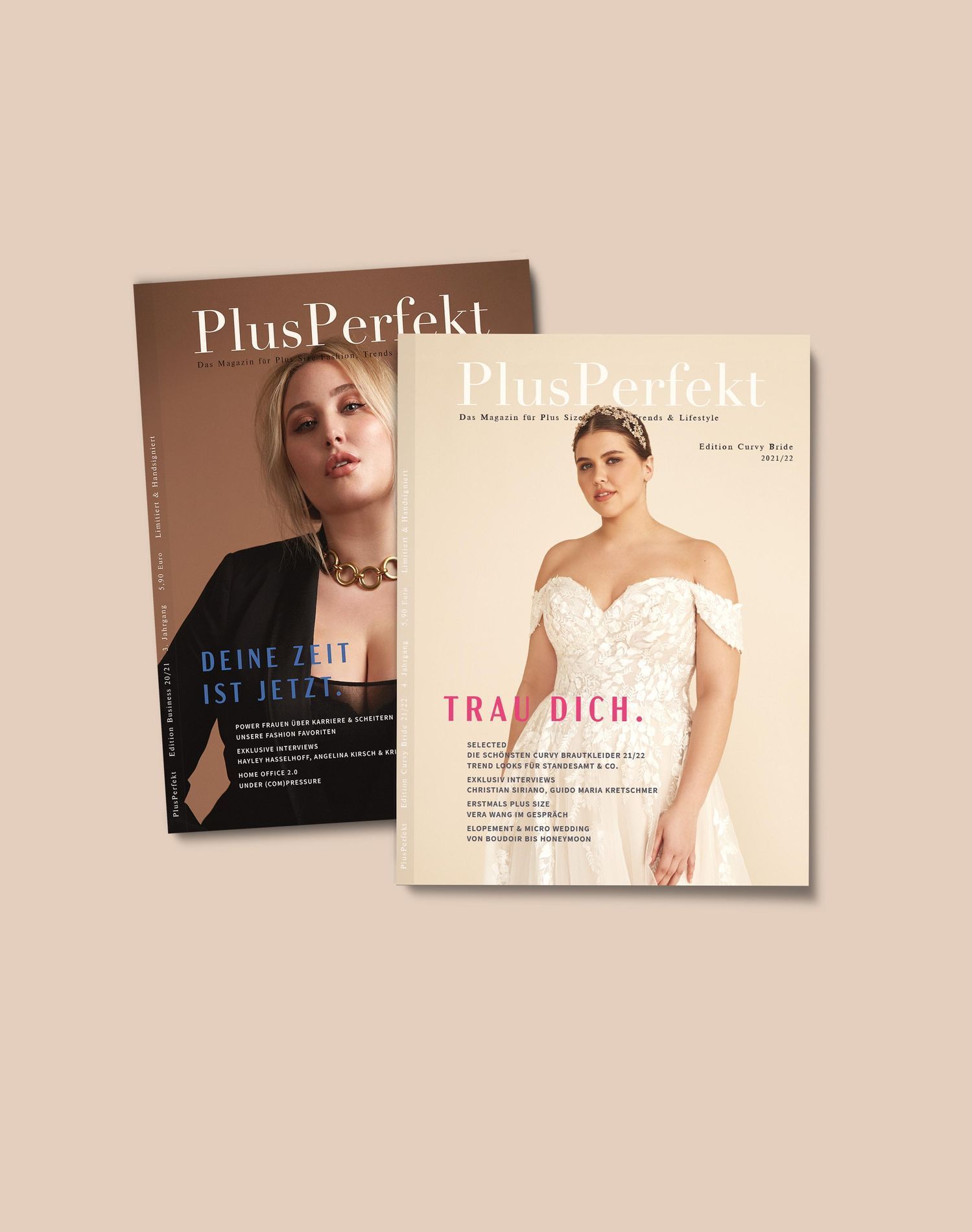Zwei Brautmoden-Magazin Ausgaben auf rosa Hintergrund
