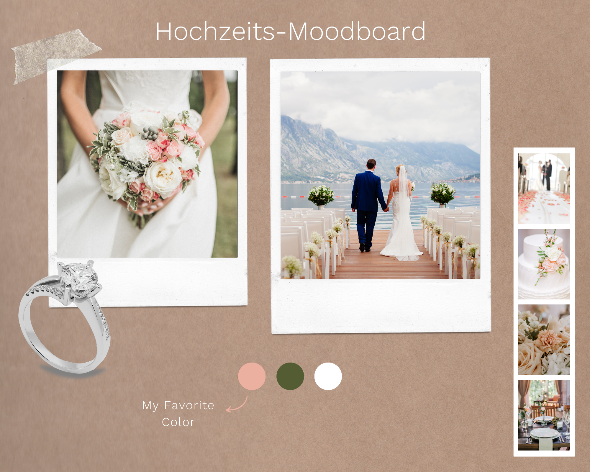 Ein Beispiel für ein Moodboard mit den Farben Rosa, Grün und Weiß