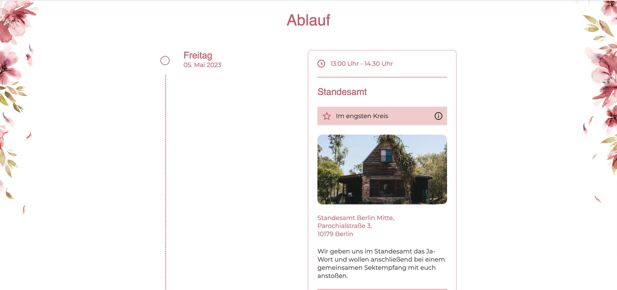 Hochzeitswebseite mit roten Blumenelementen