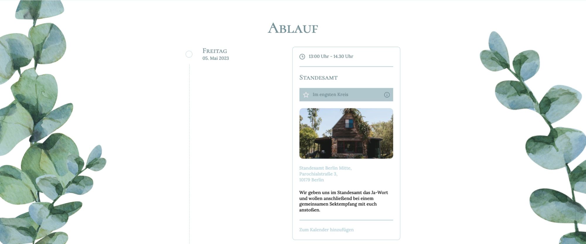 Hochzeitwebseite mit Eukalyptus-Elementen passend zur Greenery Hochzeit